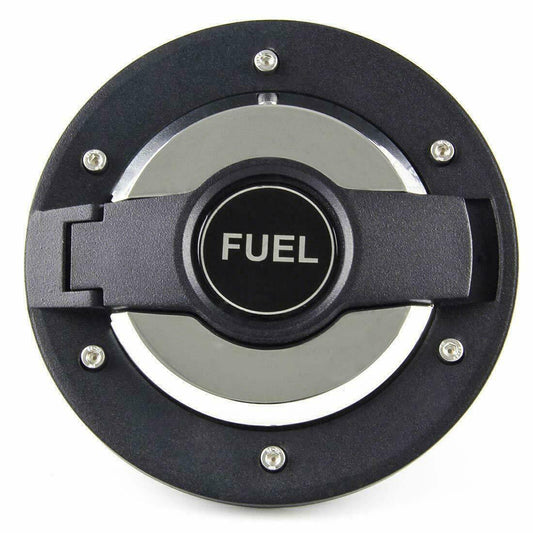 Fuel cap lid cover, round black with raised fuel label and four silver screws