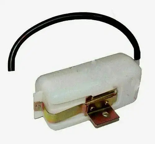 Coolant overflow reservoir bottle with cap and black curved hose, metal mounting bracket