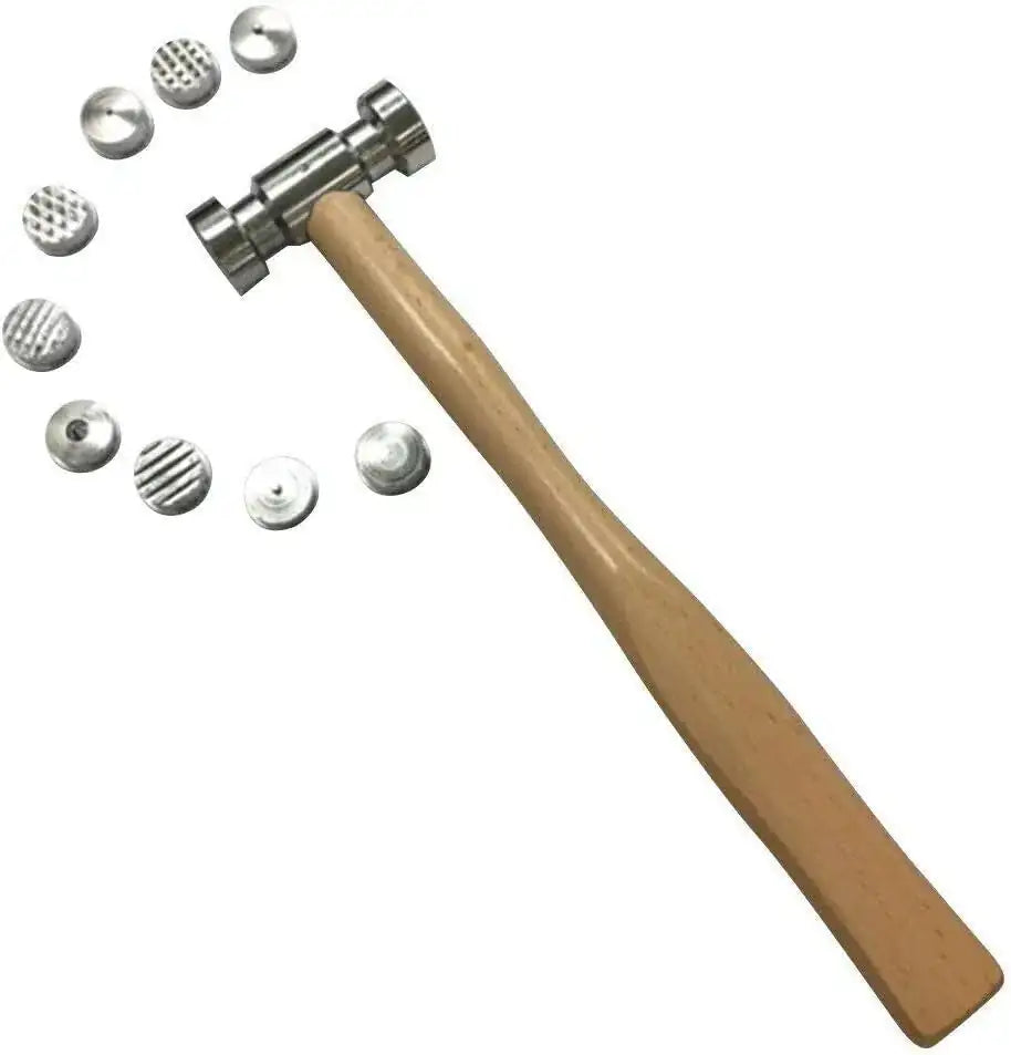 Jewelry texturing hammer with wooden handle and interchangeable metal faces