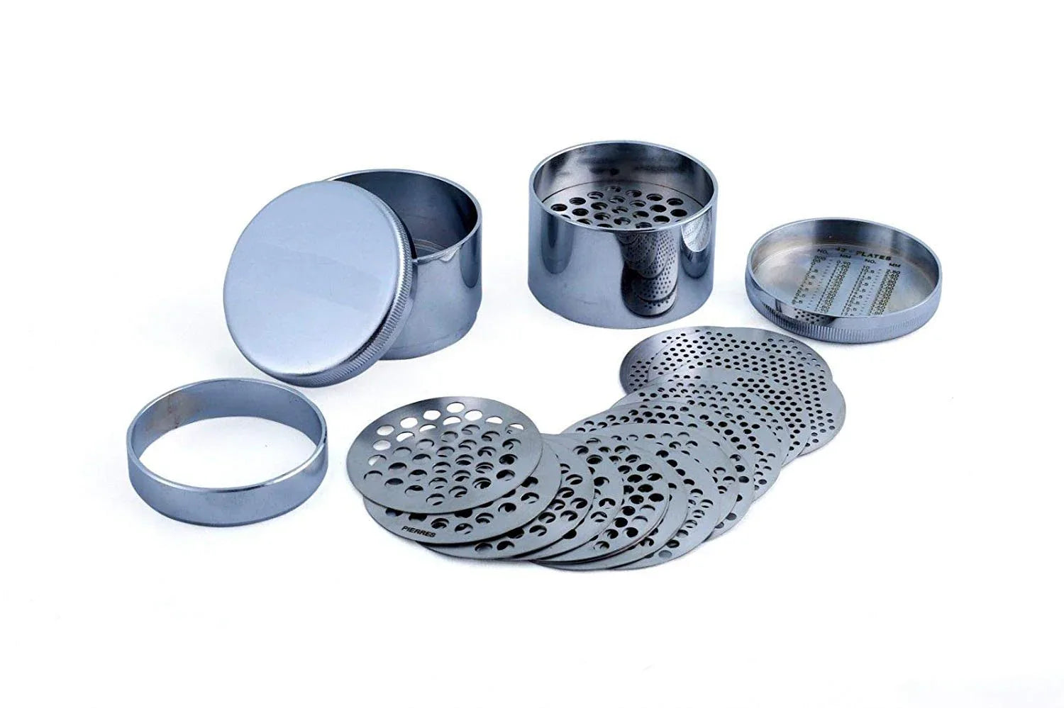 Metal jewelry sieve plates set, multiple round perforated discs in cylinders