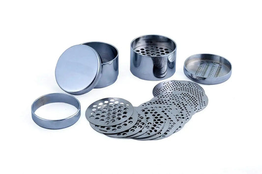 Metal jewelry sieve plates set, multiple round perforated discs in cylinders