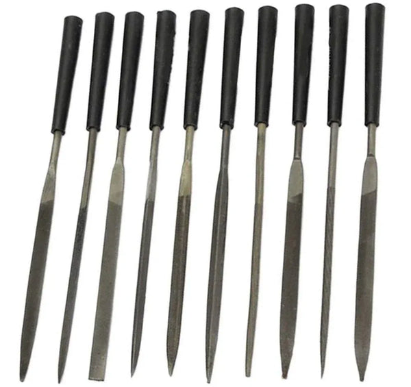 10-piece metal needle file set with black handles, pointed tips