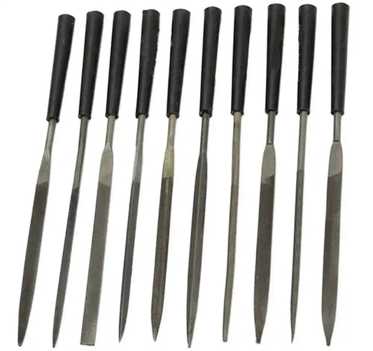 10-piece metal needle file set with black handles, pointed tips