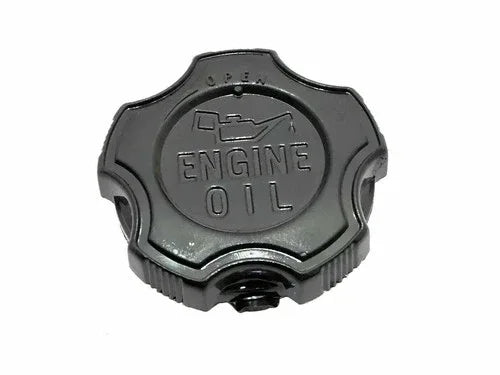 Engine oil filler cap, embossed ENGINE OIL lettering, textured grip edge