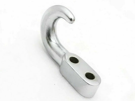 Chrome plated tow hook with two mounting holes, front/rear style
