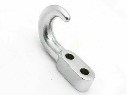 Chrome plated tow hook with two mounting holes, front/rear style