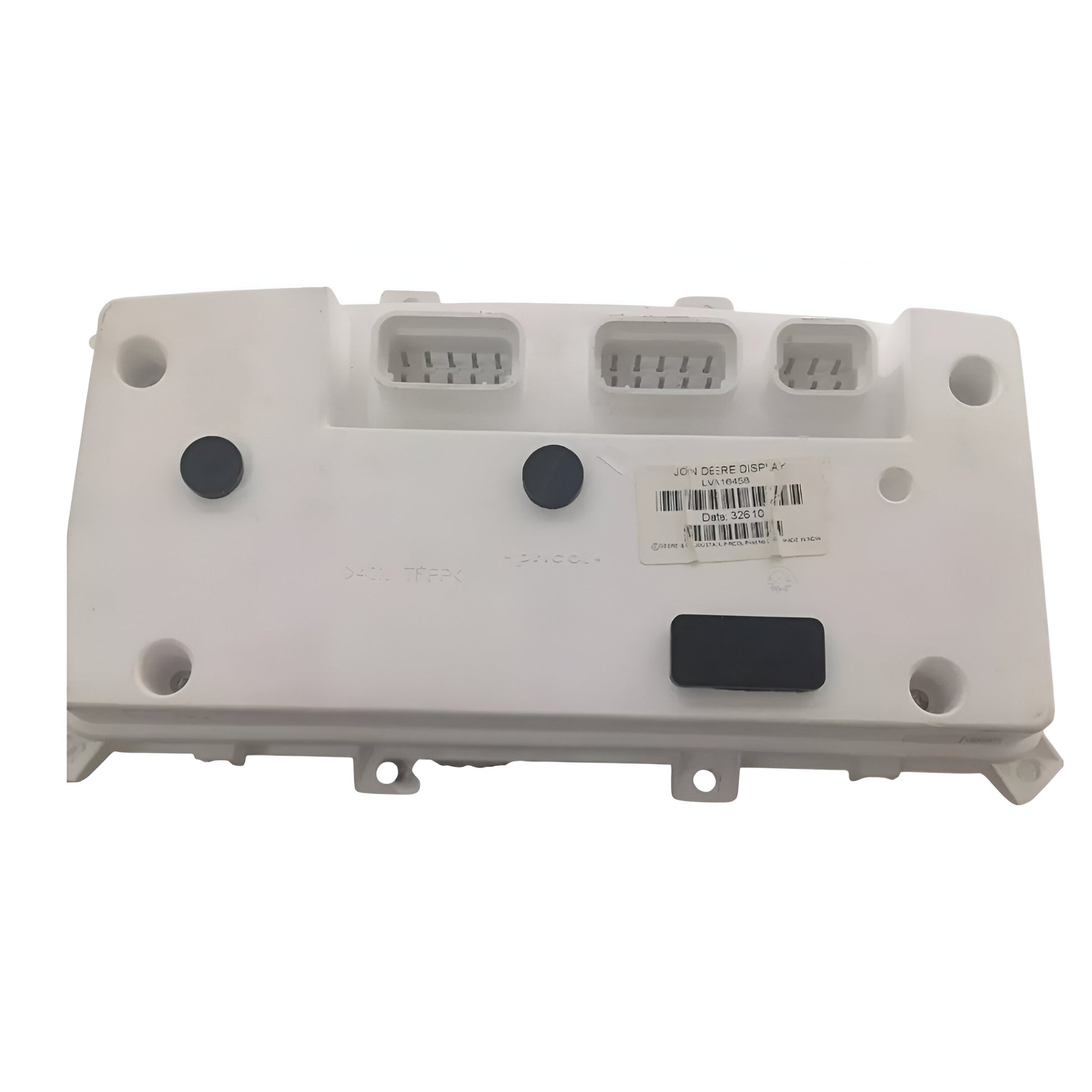Aftermarket John Deere 4400 gauge cluster back view with connector ports and mounting holes
