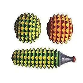 Acupressure massager ball set with green and brown spiky rollers and handle