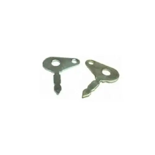 Pair of metal ignition keys with oval key heads, flat blade, dark gray
