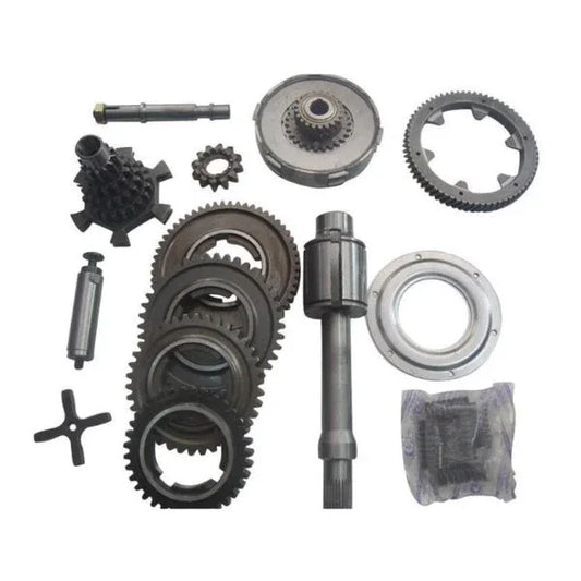 Complete gearbox and clutch kit with gears, shafts, and components for motorcycle performance enhancement