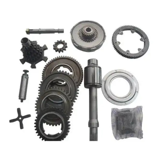 Clutch and gearbox kit with gears, shaft, spacer ring, and small hardware pieces