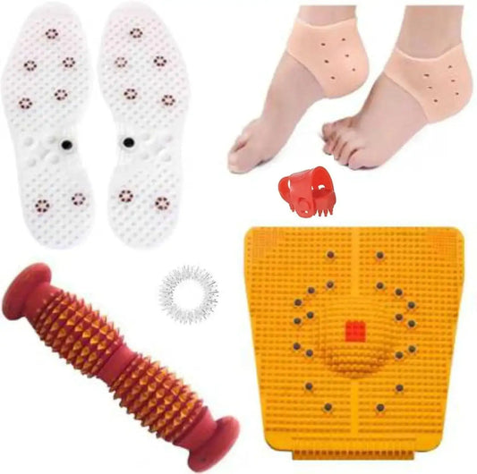 Acupressure massager tools set with yellow foot pad, red roller, and white insoles