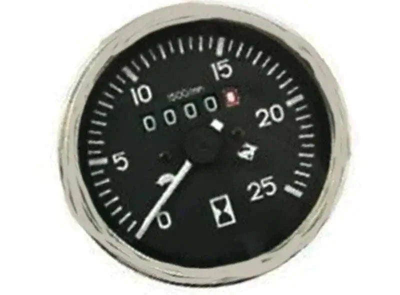 Black tractor hour meter gauge with round bezel, dial markings 0–25 and reset icon