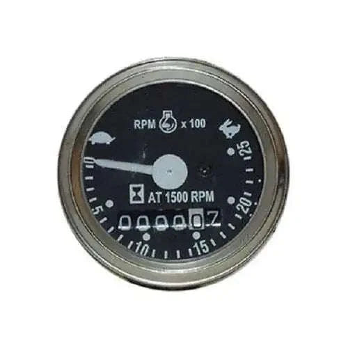 Tractor tachometer gauge, round black dial with silver rim and white RPM markings