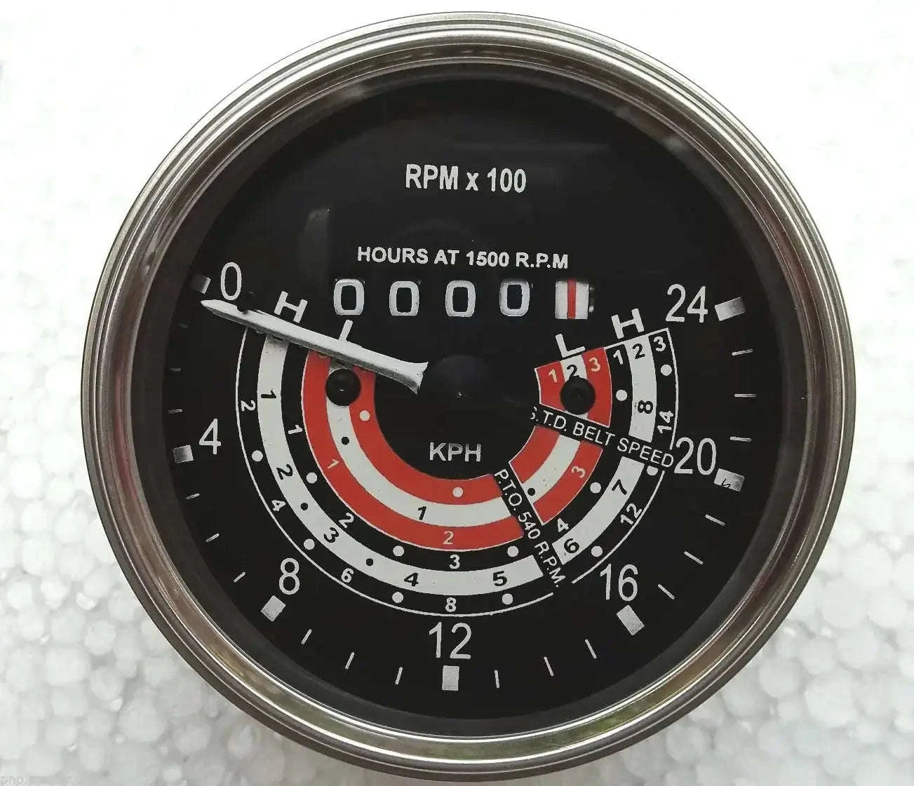 Tractor speed and hours gauge meter, black dial with KPH and RPM scales