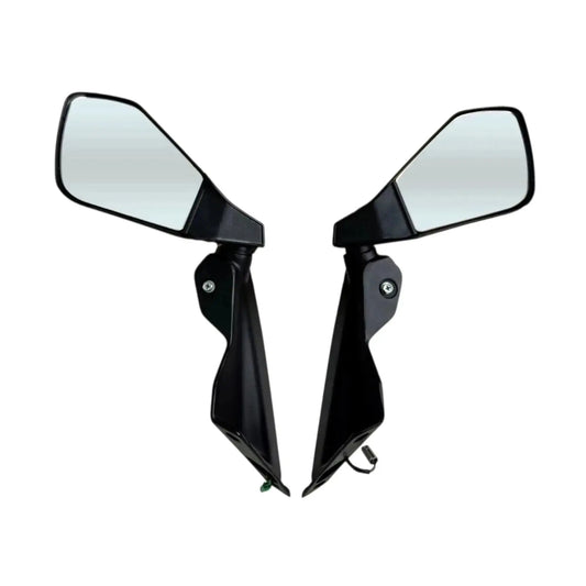 Rear view mirror set with clear glass and black housings, left and right pair