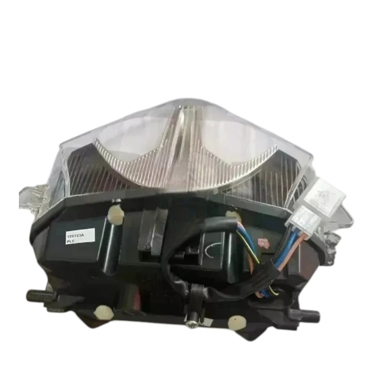 Rear tail light assembly for vehicles, made from durable plastic, featuring clear lens and wiring harness.