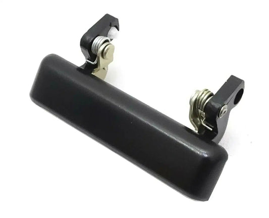 Outside door handle with dark black finish and metal mounting clips