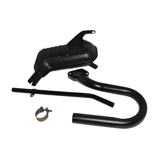 Exhaust silencer assembly with down pipe, black muffler and mounting clamp