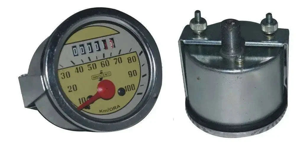 Round analog speedometer gauge with 0-100 km/h scale and metal bezel