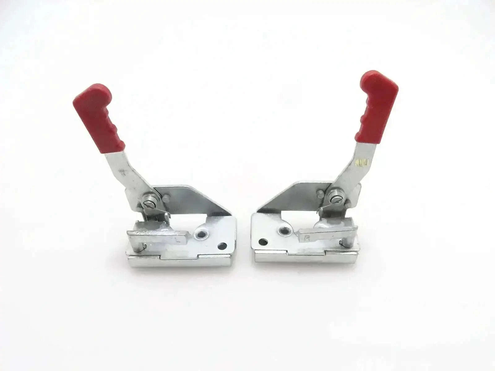 Metal latch lock set with red handles, right and left pair