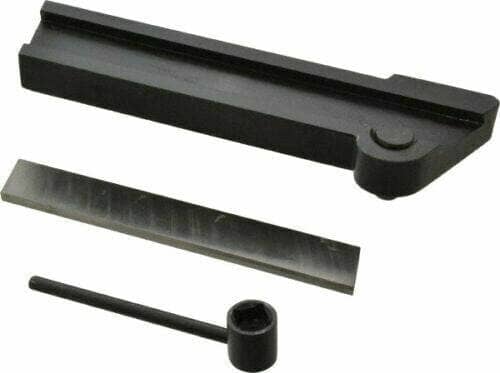 Lathe parting off tool holder with cutting blade and adjustment tool for precision machining