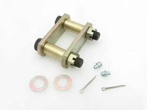 Front leaf spring shackle kit with metal shackles, bolts, washers, and cotter pin
