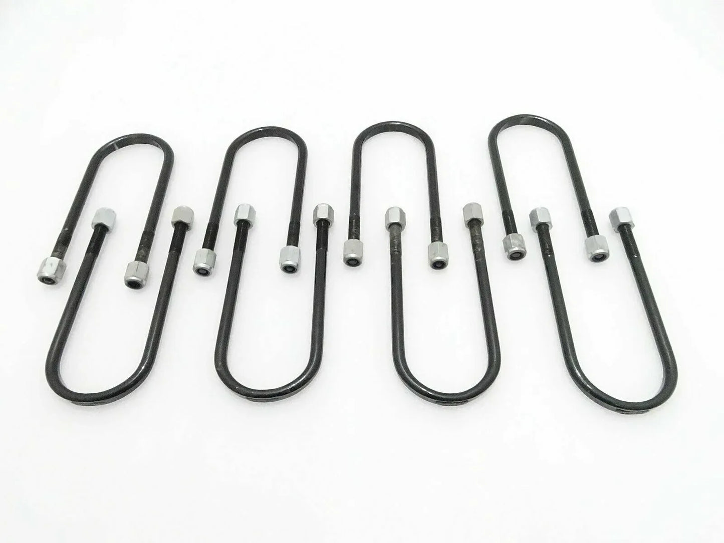 Set of 8 black U-bolt clips with threaded studs and nuts