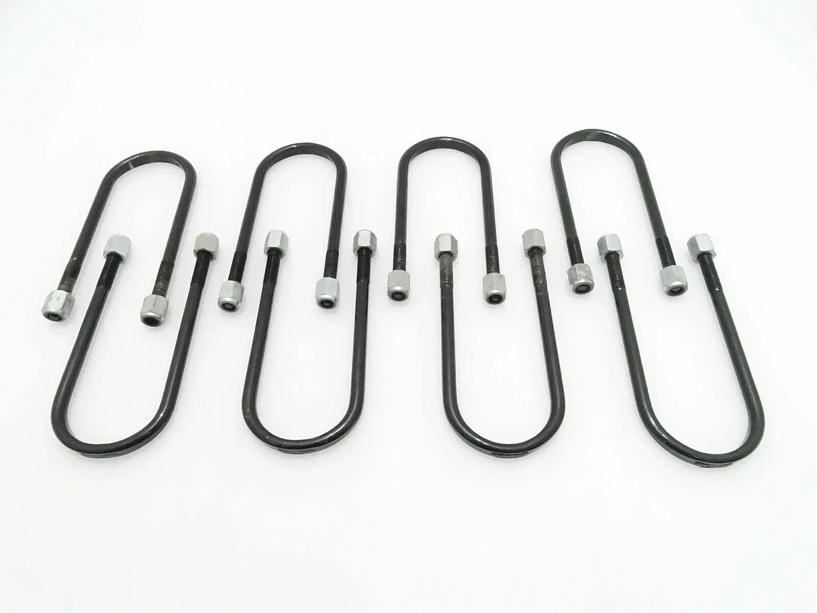 Set of 8 black U-bolt clips with threaded studs and nuts