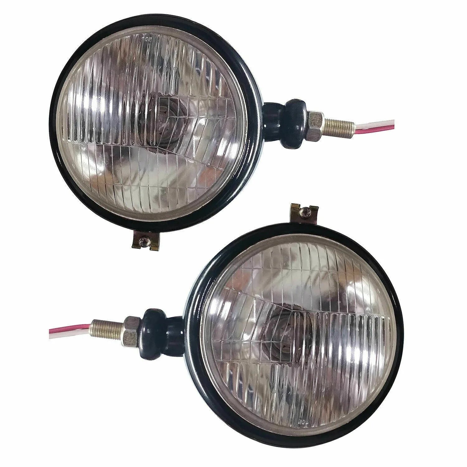 Pair of round black LED headlights for tractor, durable design for enhanced visibility in low light