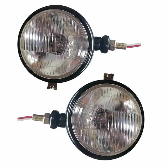 Pair of round black LED headlights for tractor, durable design for enhanced visibility in low light