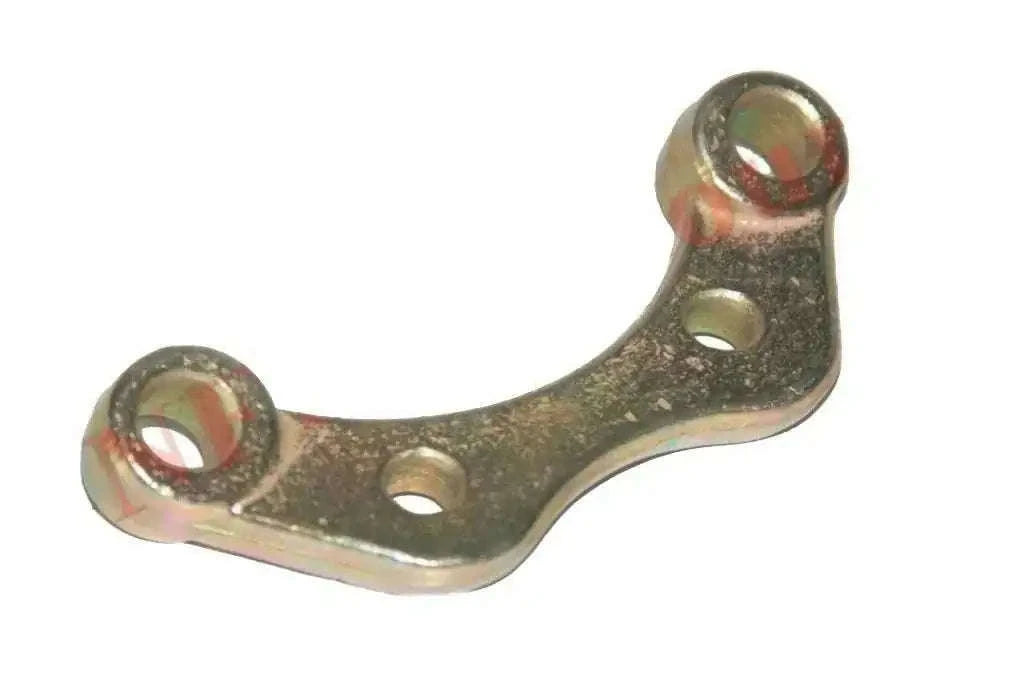 Metal chain anchor bracket with two bolt holes, curved fork shape, rusted finish