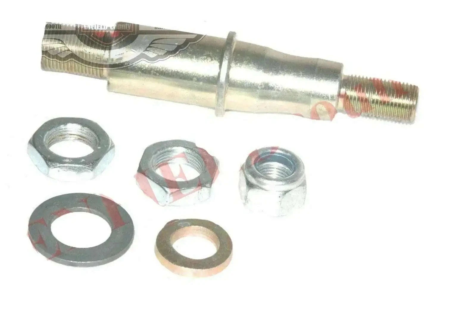 Lift arm shaft pin with threaded end and several metal washers