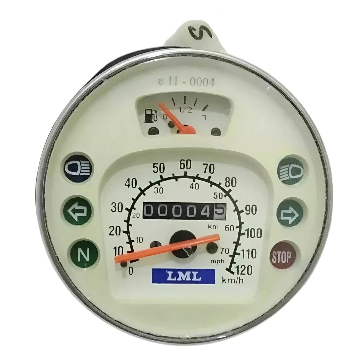Speedometer gauge with chrome bezel, orange needles, km/h and mph scales, LML label.