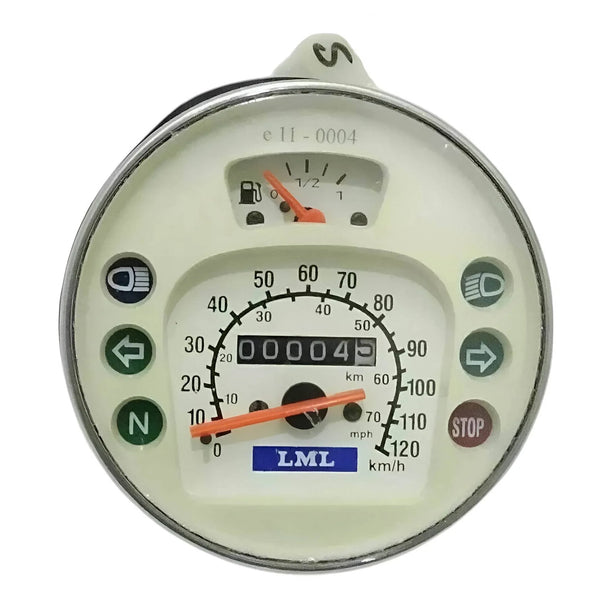 Speedometer gauge with chrome bezel, orange needles, km/h and mph scales, LML label.
