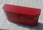 Red steel tool box with hinged lid