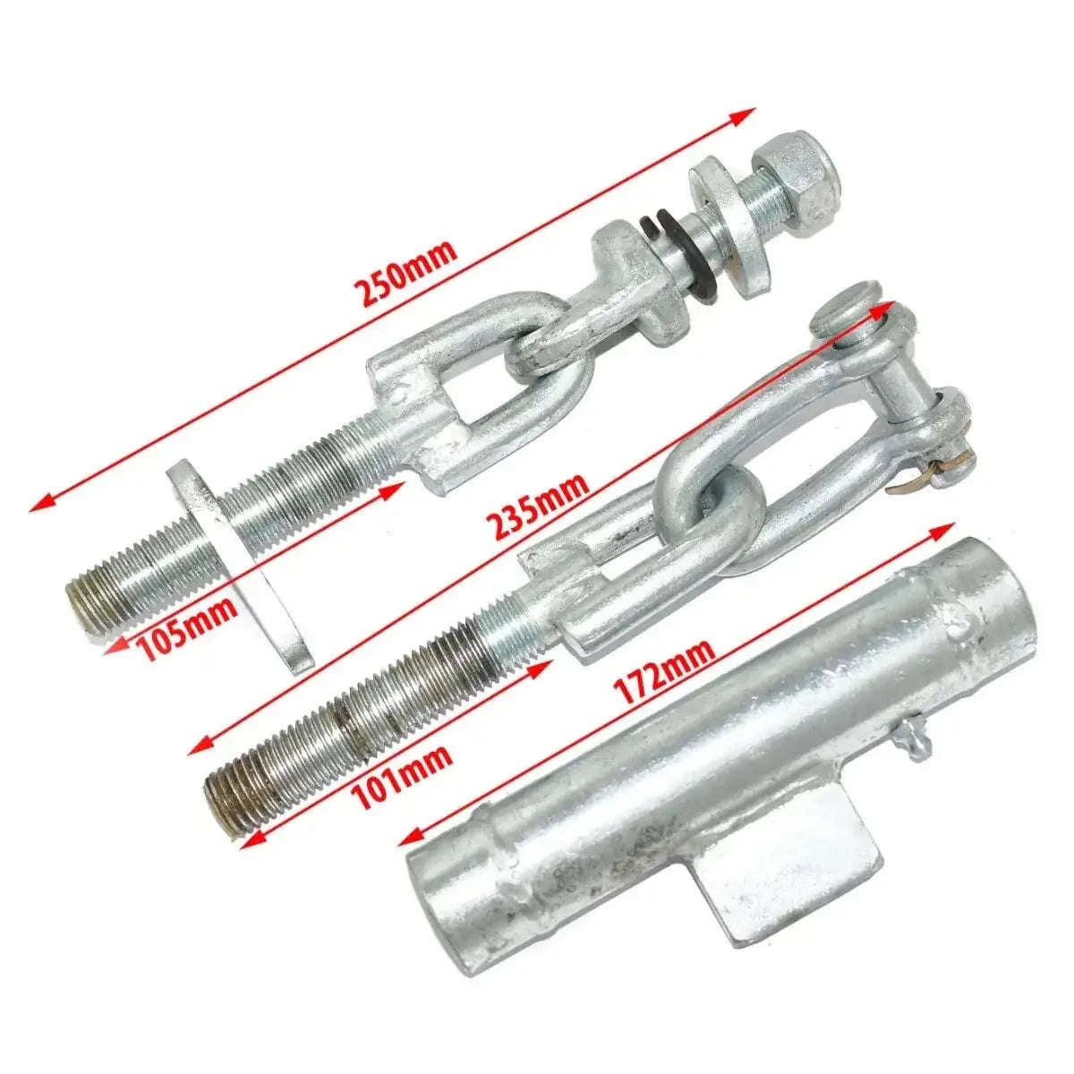 Tractor lower lift arm check chain stabilizer assembly, steel link and threaded bolts