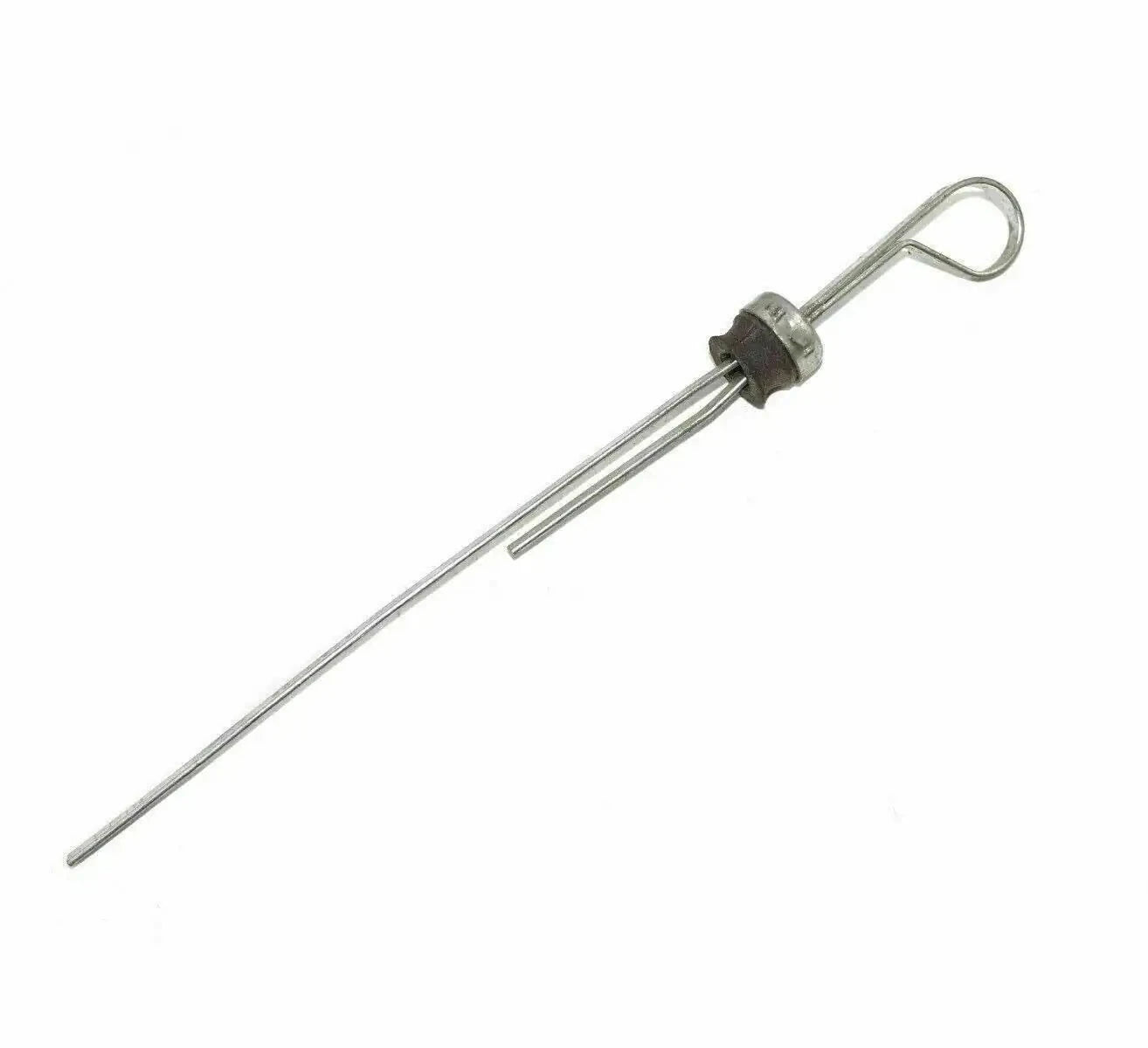 Oil sump dipstick with long metal rod and loop handle