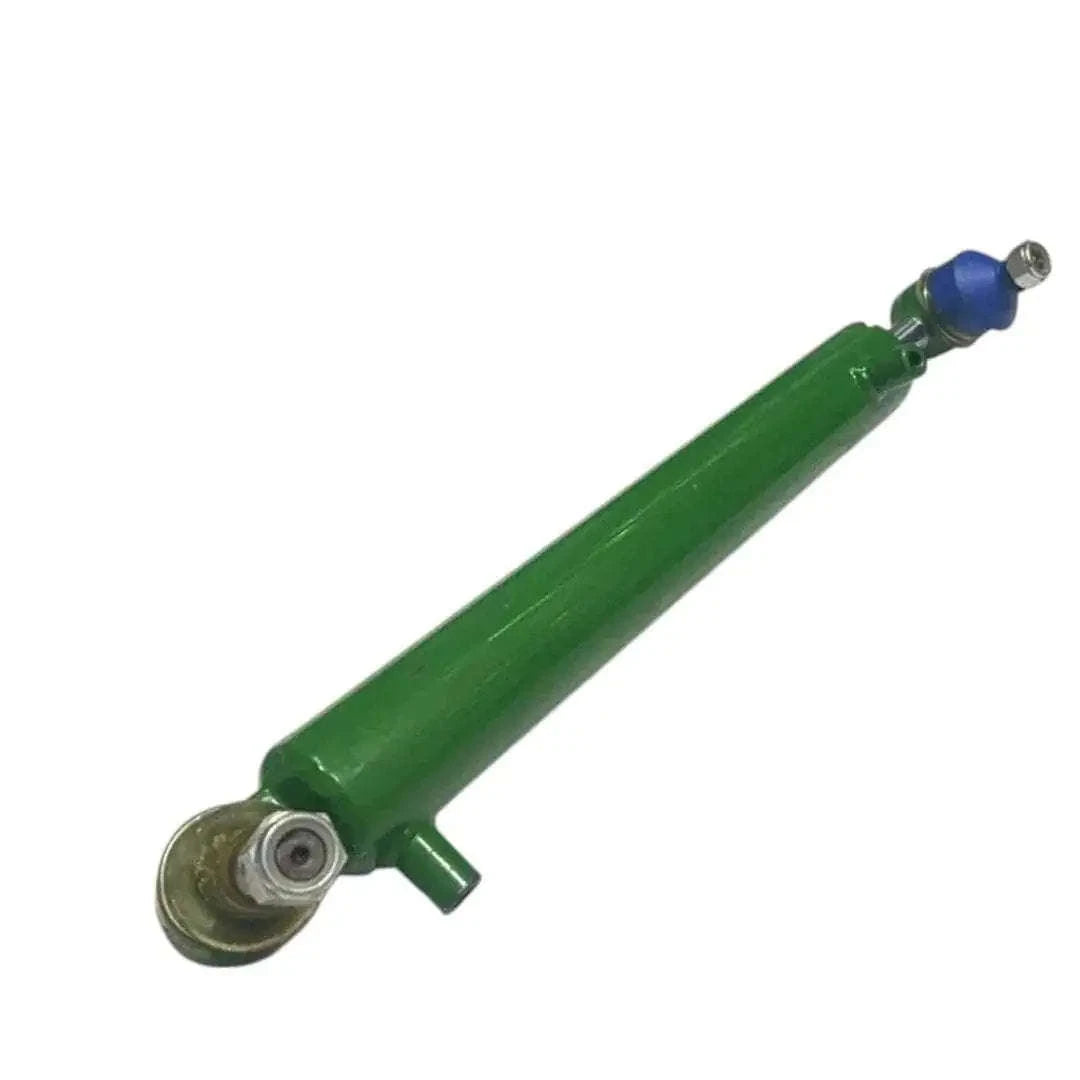 Green hydraulic track rod cylinder with blue end fittings and ball joint