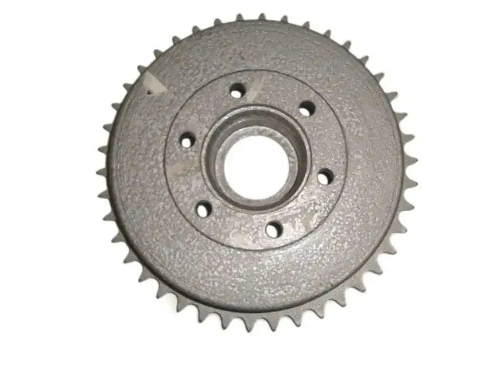 Metal rear sprocket with gear teeth and 5 bolt holes, gray finish