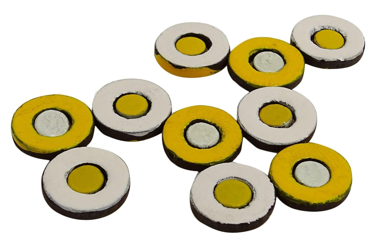 Set of round yellow and white chakra magnets for enhancing energy balance and meditation