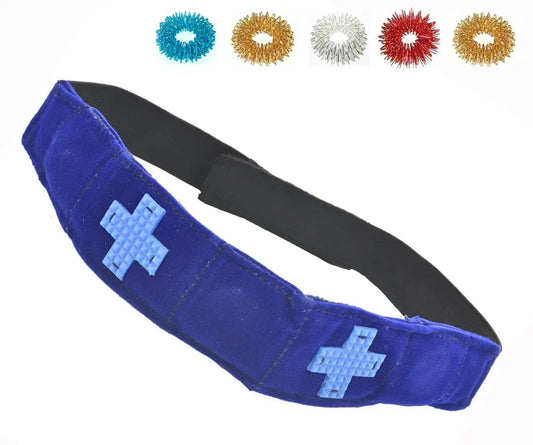 magnetic acupressure head belt for migraines in blue with textured nodes for effective relief