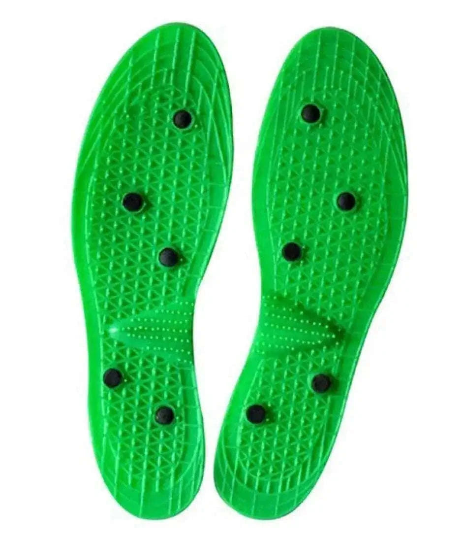 Magnetic acupressure shoe soles designed for height increase and comfort.