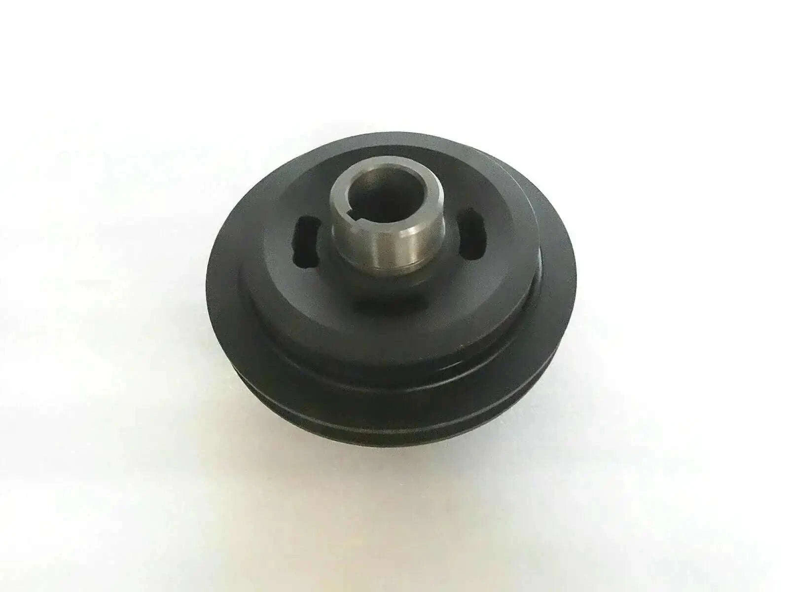 Crank pulley with central bore and grooves, dark metal
