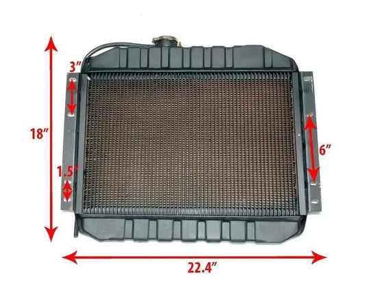 Radiator assembly with rectangular metal core and side tanks, dark finish