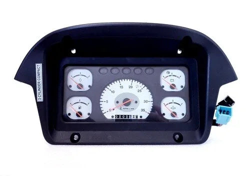 Dark blue tractor instrument cluster panel with gauges and display window