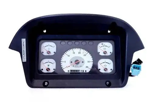 Dark blue tractor instrument cluster panel with gauges and display window