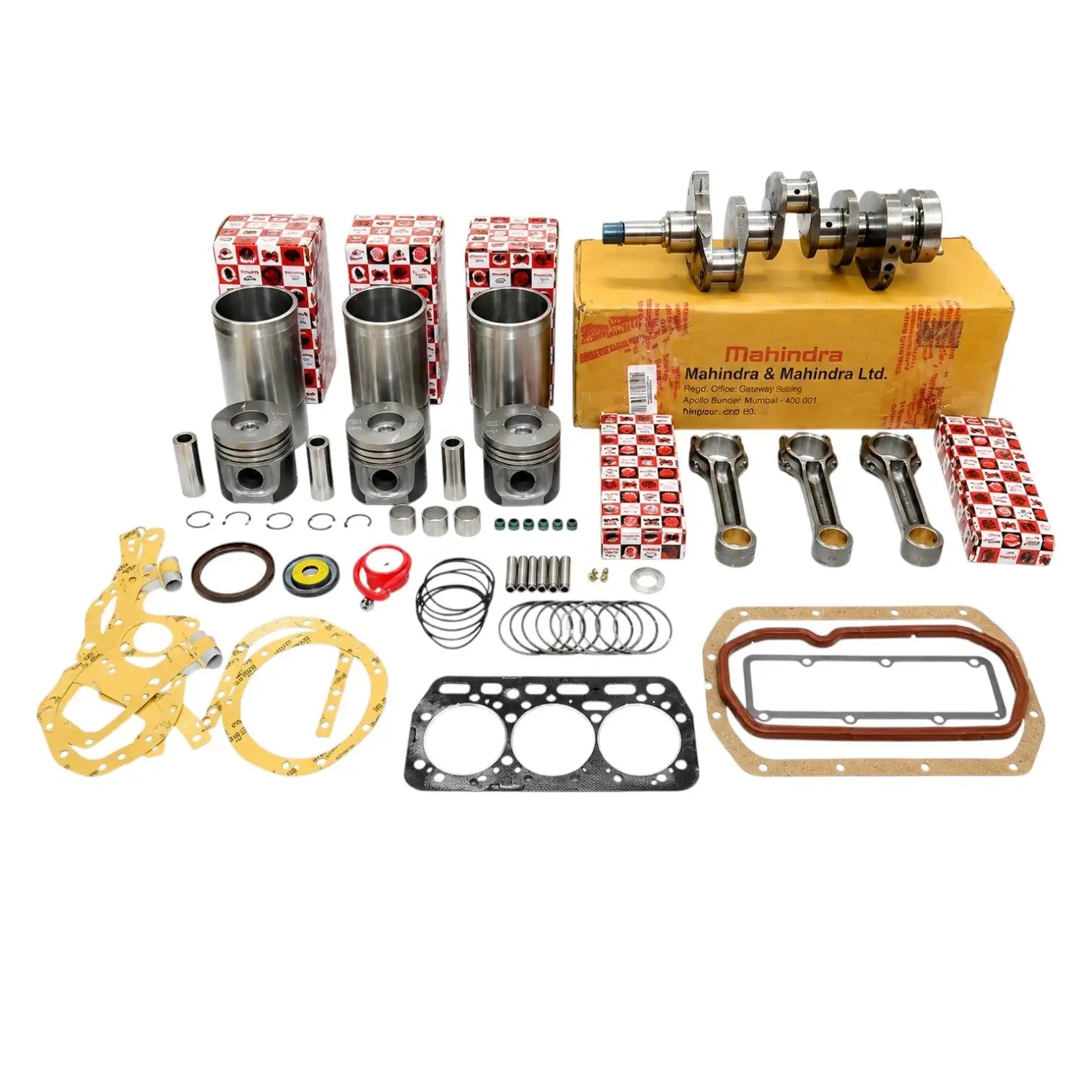Engine repair kit for Mahindra tractor, includes pistons, crankshaft, gaskets, and seals for efficient repairs