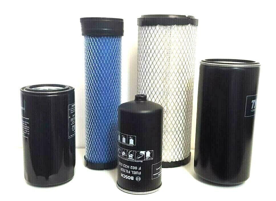 Set of 5 cylindrical tractor filters with pleated blue and white and black housings