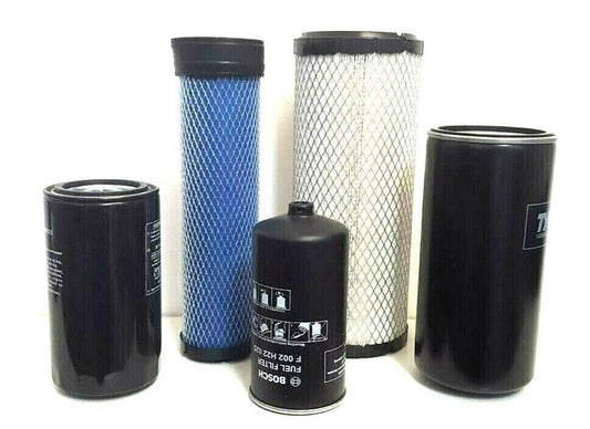 Five Mahindra tractor filters including oil, air, and fuel types in various sizes for efficient performance